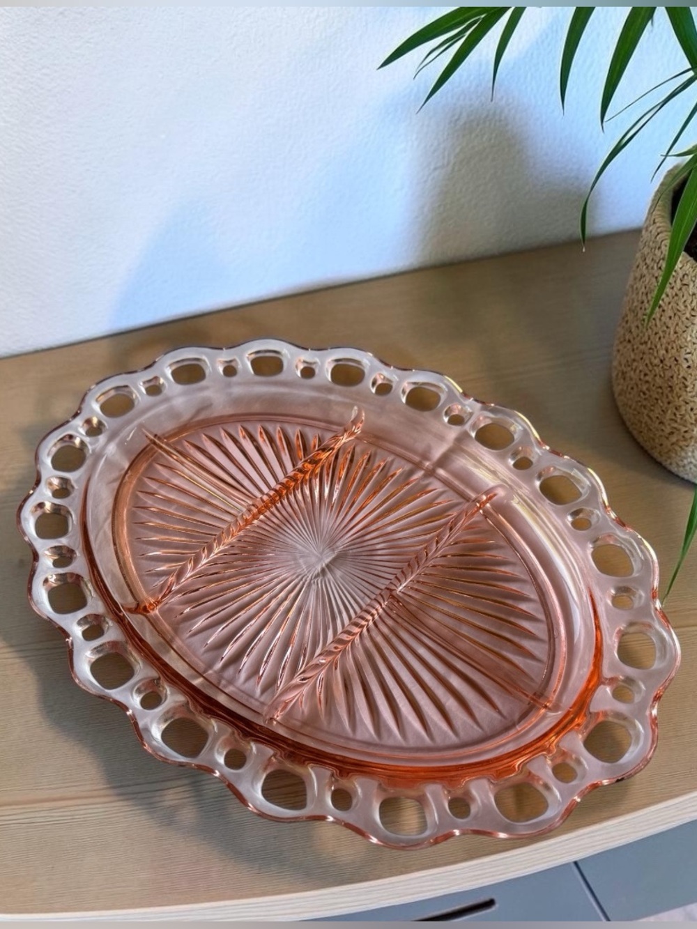Vintage Hocking Old Colony Lace Edge Pink Depression Glass Divided Platter Tray